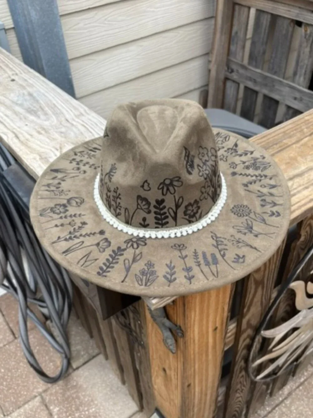 Hand‑Drawn Floral Suede Western Hat with Lace Band